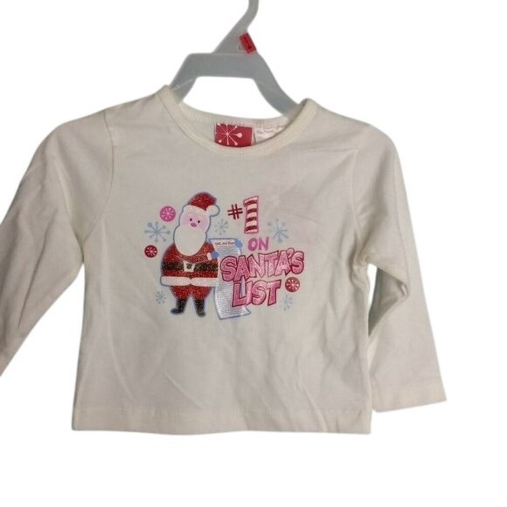 Baby Holiday Tee Shirt 12M #1 On Santa's List Long Sleeve Cotton White Red NEW